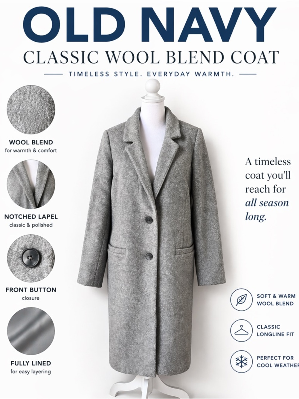 Gray Wool-Blend Notched Lapel Longline Oversized Soft-Brushed Coat